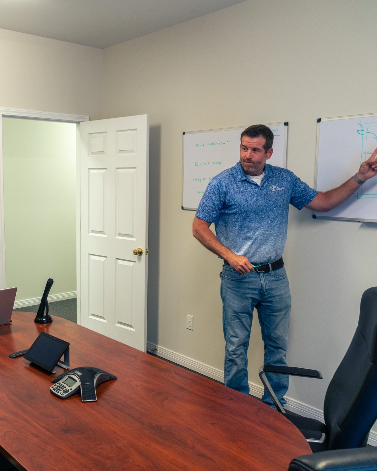 LRG founder Randy Goff reviewing a plan at a whiteboard with the team