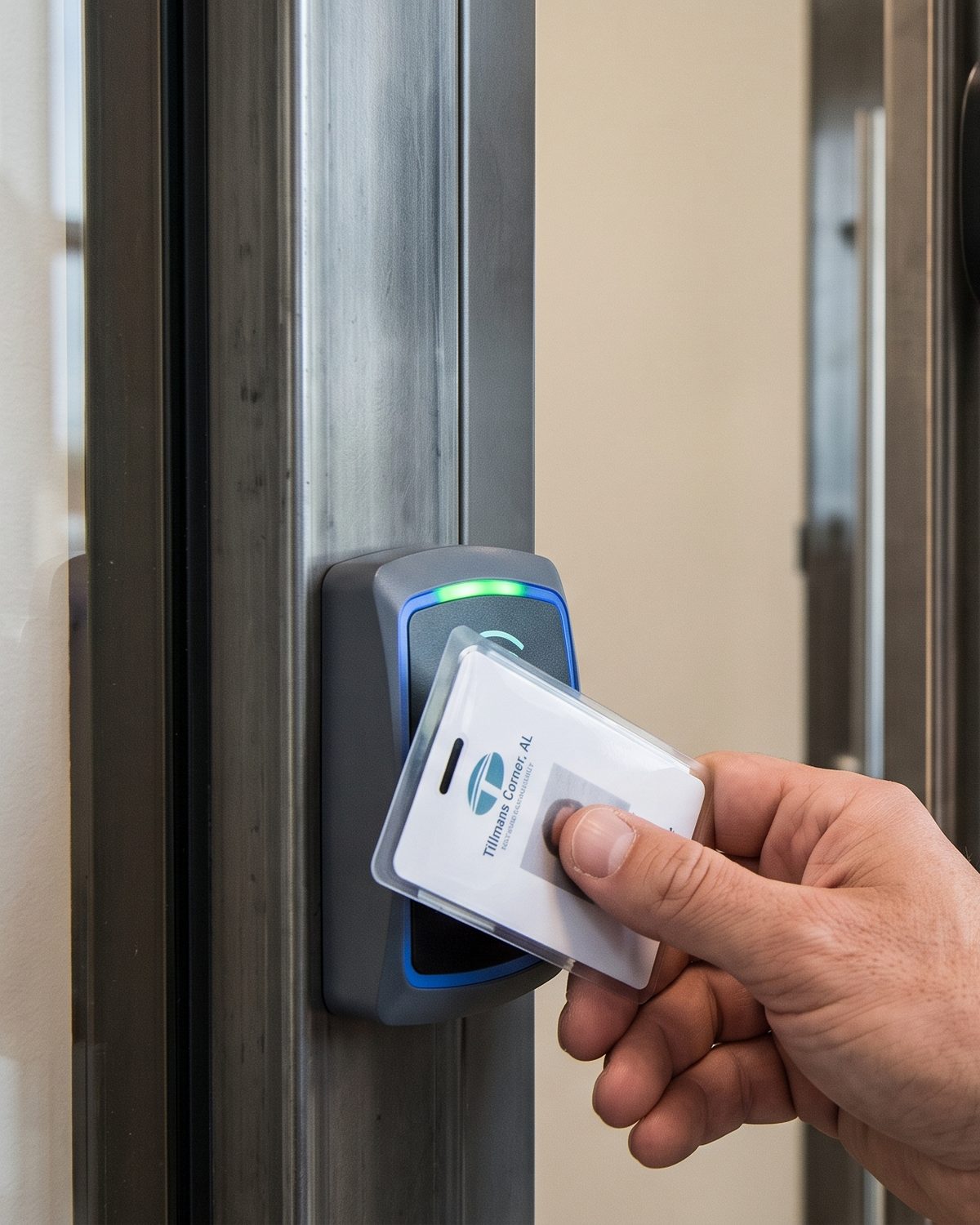 An employee tapping a keycard on a wall-mounted reader to unlock a secured glass office door