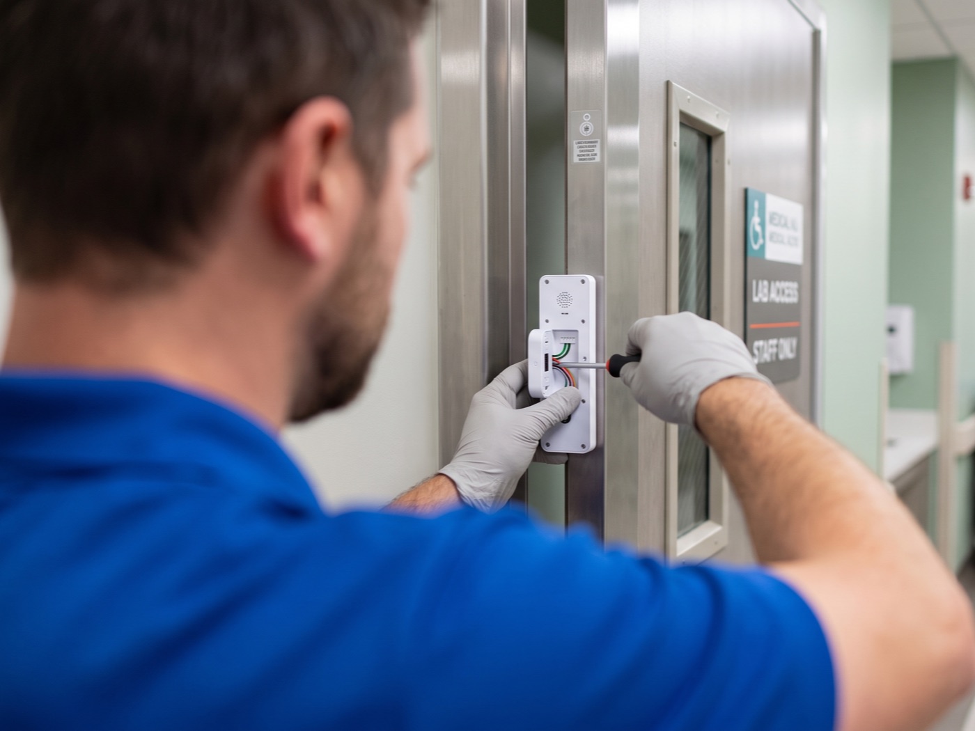 A technician wiring an access control reader on a secured stainless-steel lab door in a healthcare facility