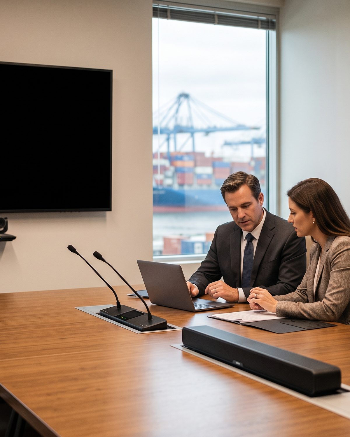 Two colleagues in a conference room reviewing a laptop, with a wall display, camera, and table microphones
