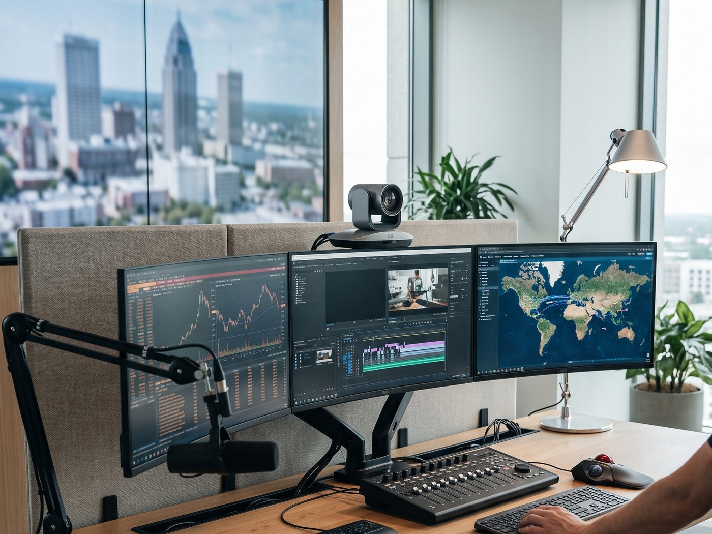 A conference-room AV workstation with triple displays, a PTZ conference camera, and a control surface