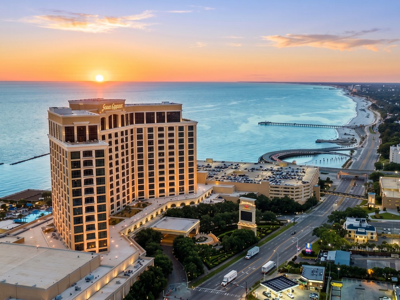 Aerial view of the Biloxi, Mississippi beachfront and resort at sunset