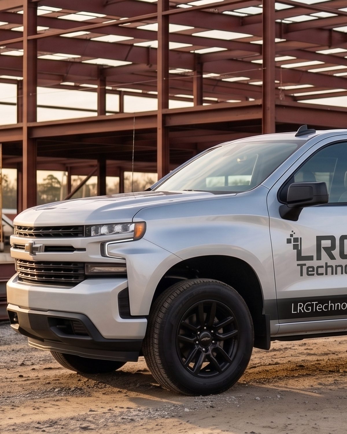 An LRG Technology work truck parked at a steel-frame commercial construction site