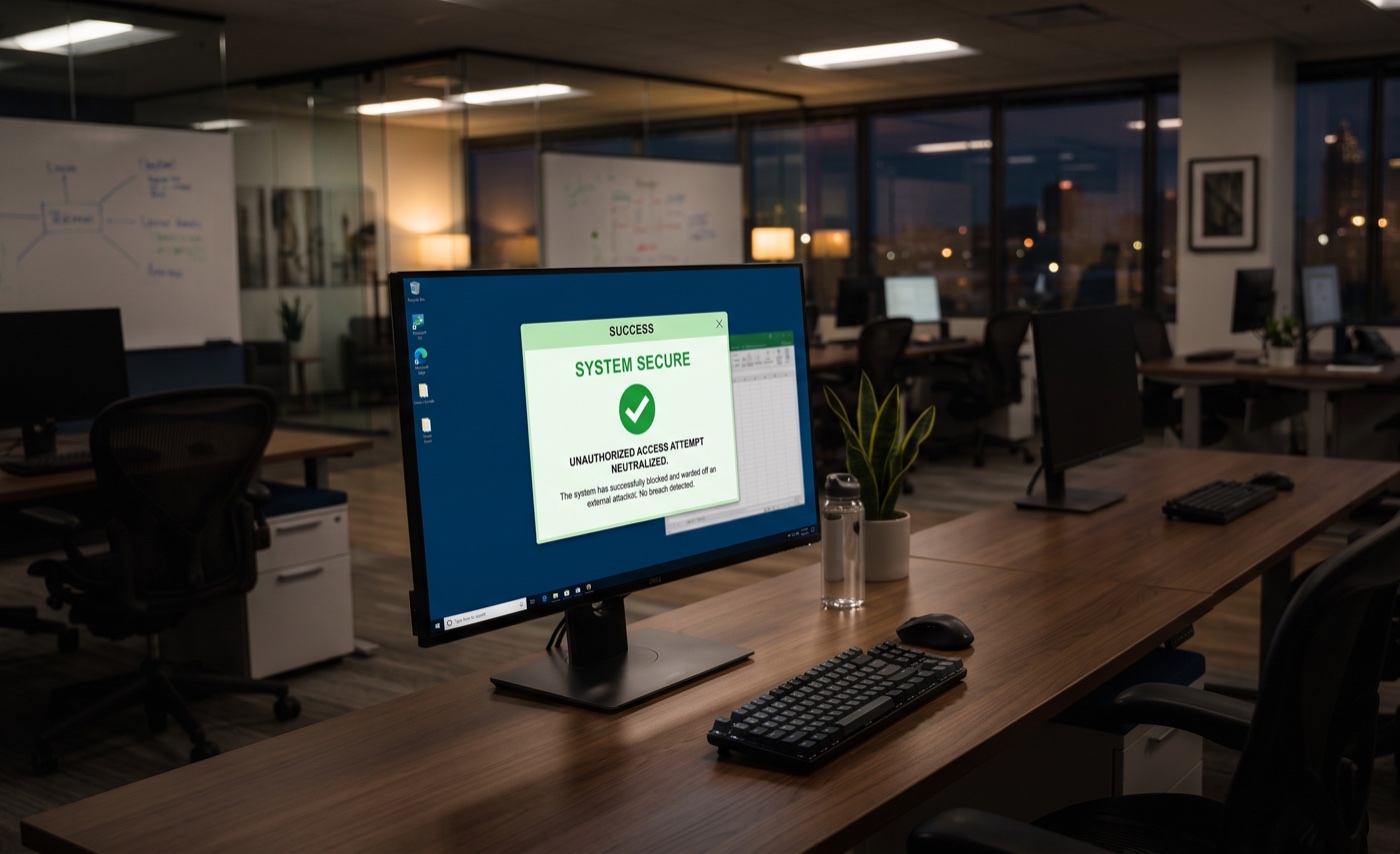 Cybersecurity monitoring display showing a blocked intrusion attempt in an after-hours office