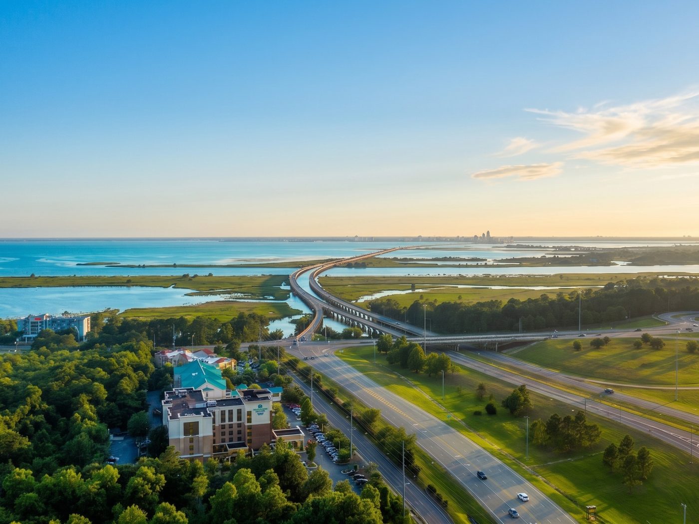 Aerial view of the Mobile Bay causeway near Daphne, Alabama