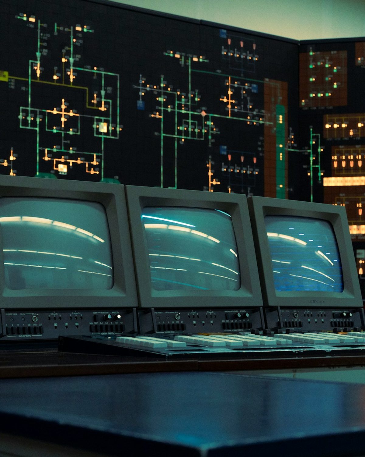 A monitoring control room with screens and a systems status board