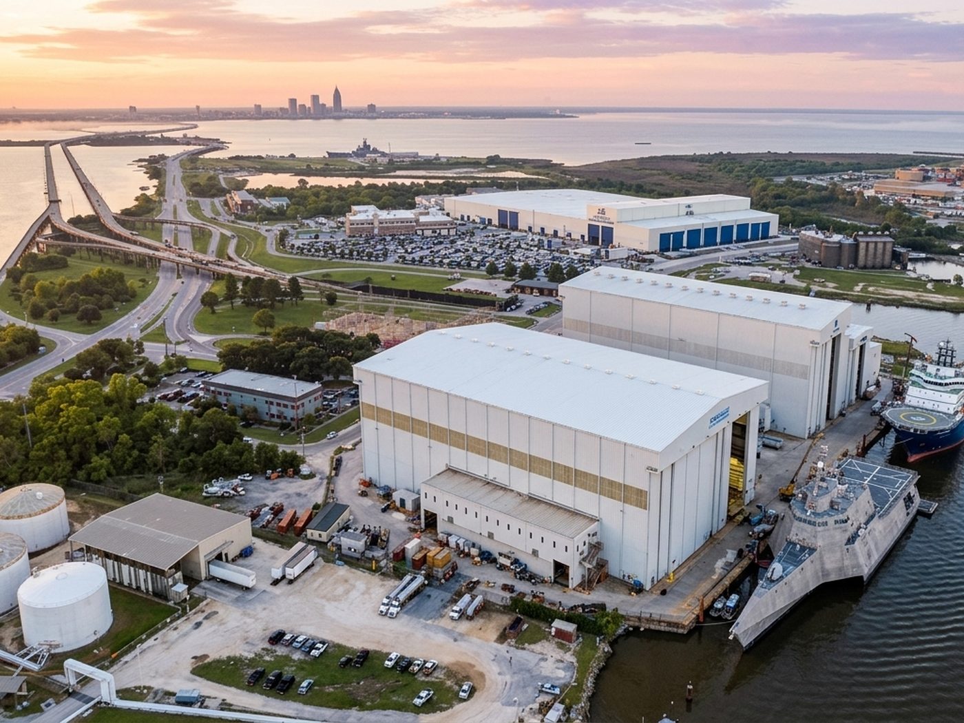 Aerial view of a Gulf Coast shipyard with naval vessels at dusk