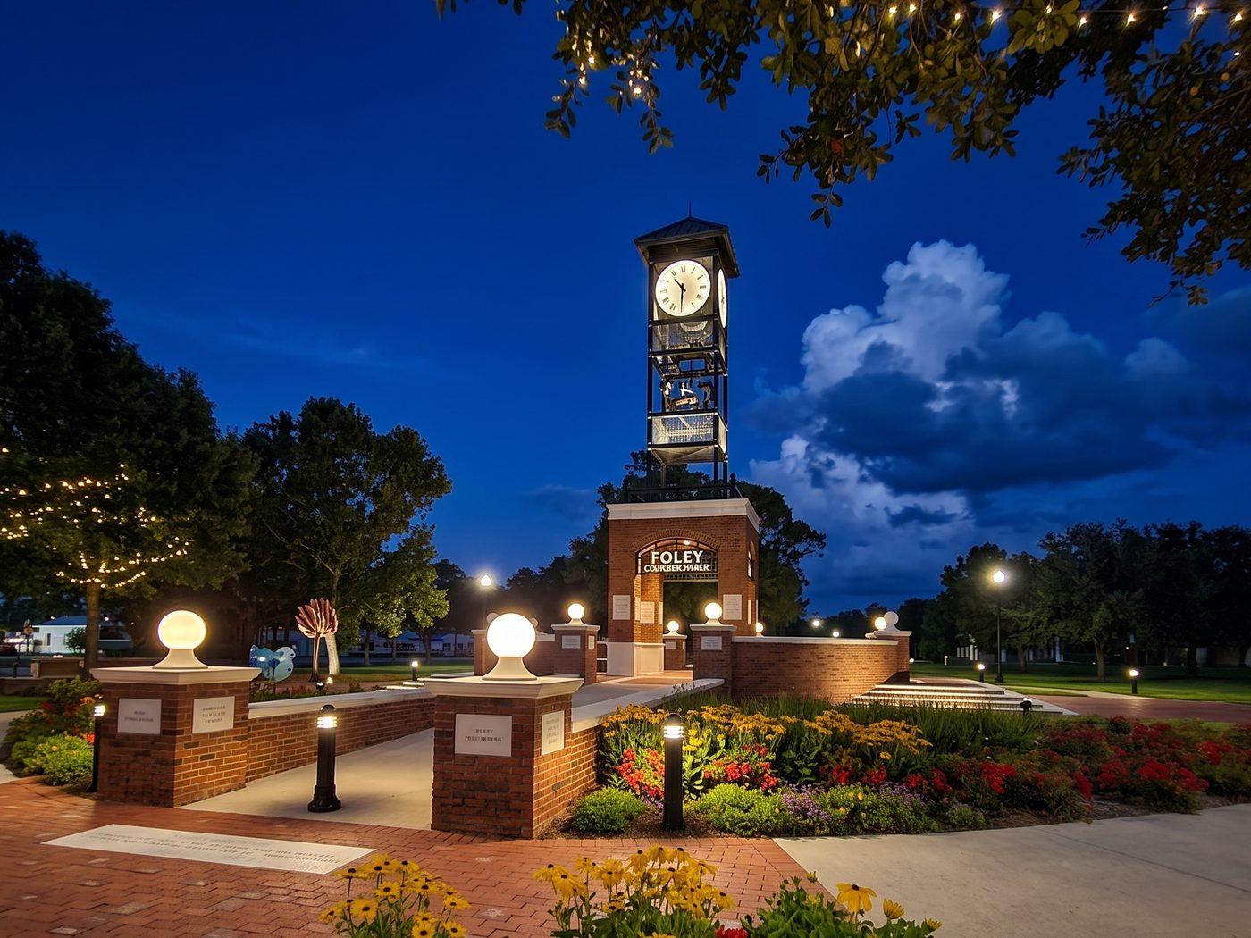 The illuminated clock tower in downtown Foley, Alabama at dusk