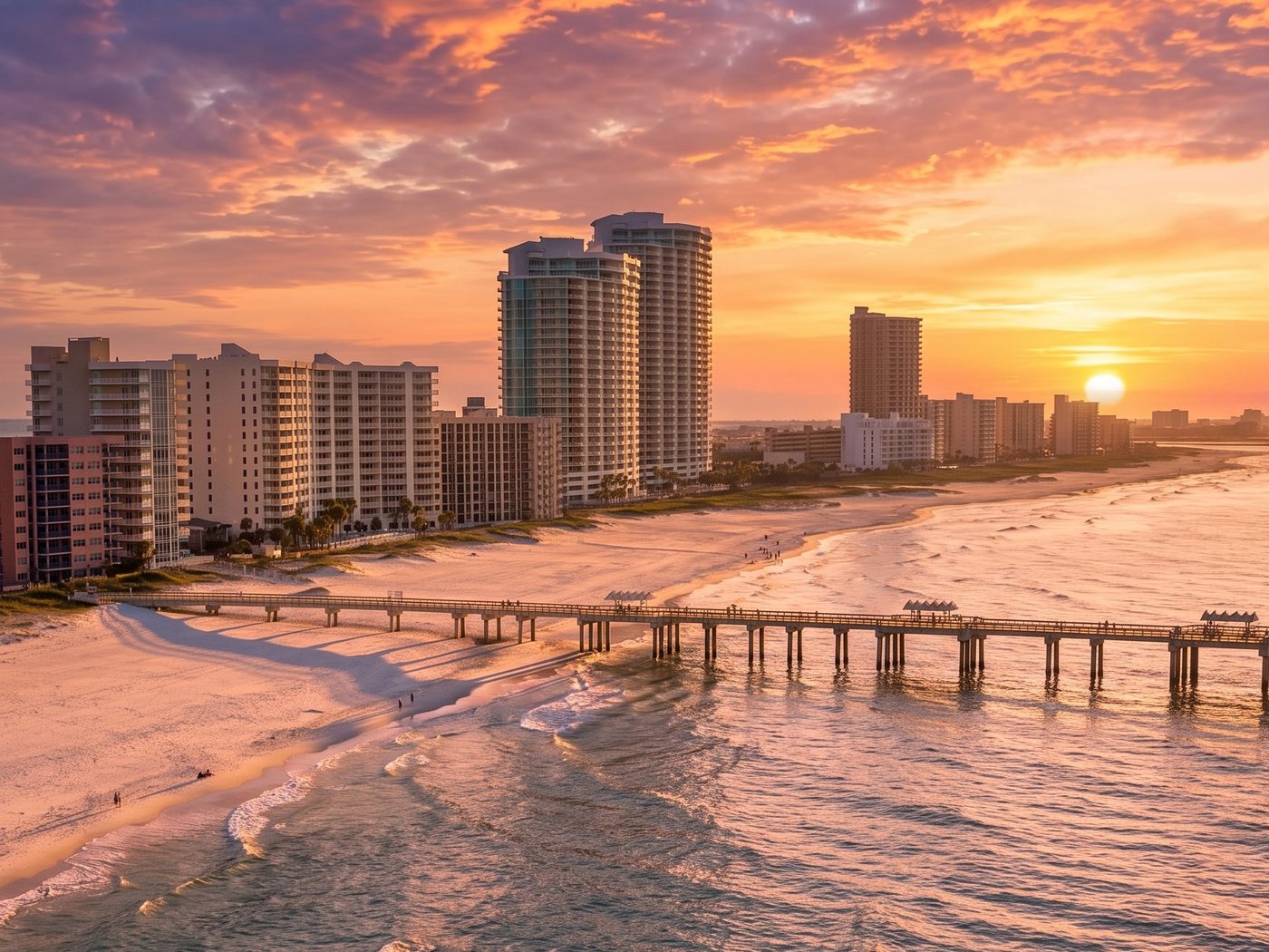 The Gulf Shores, Alabama beachfront and pier at sunset