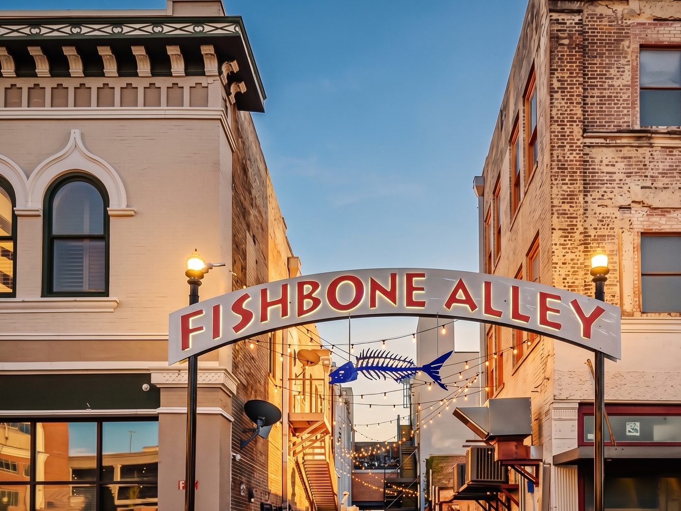 Downtown Gulfport, Mississippi's Fishbone Alley at golden hour