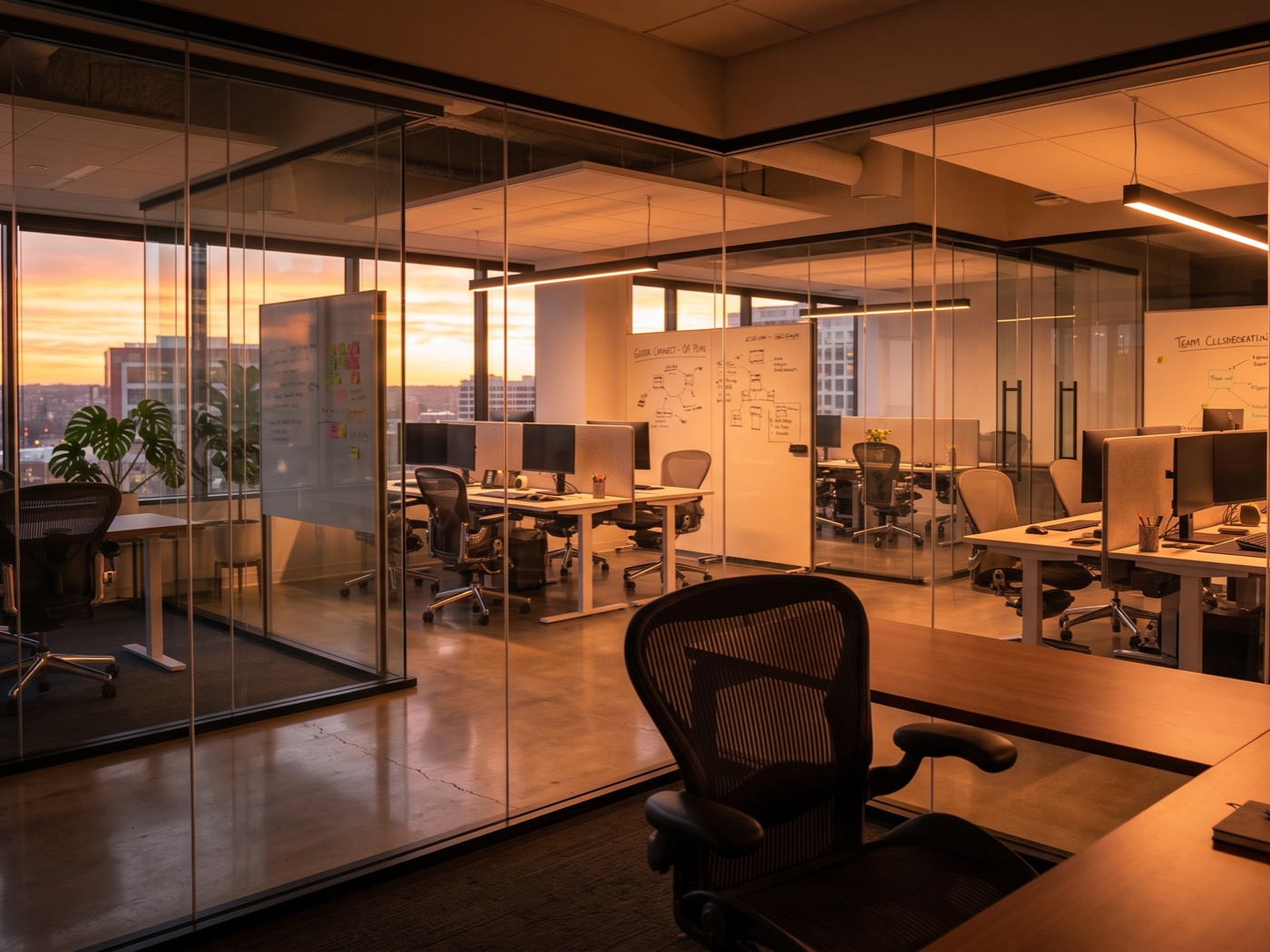 A modern glass-walled professional office at dusk