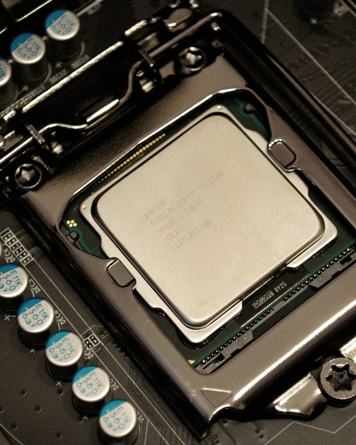 Close-up of a computer processor seated in a motherboard