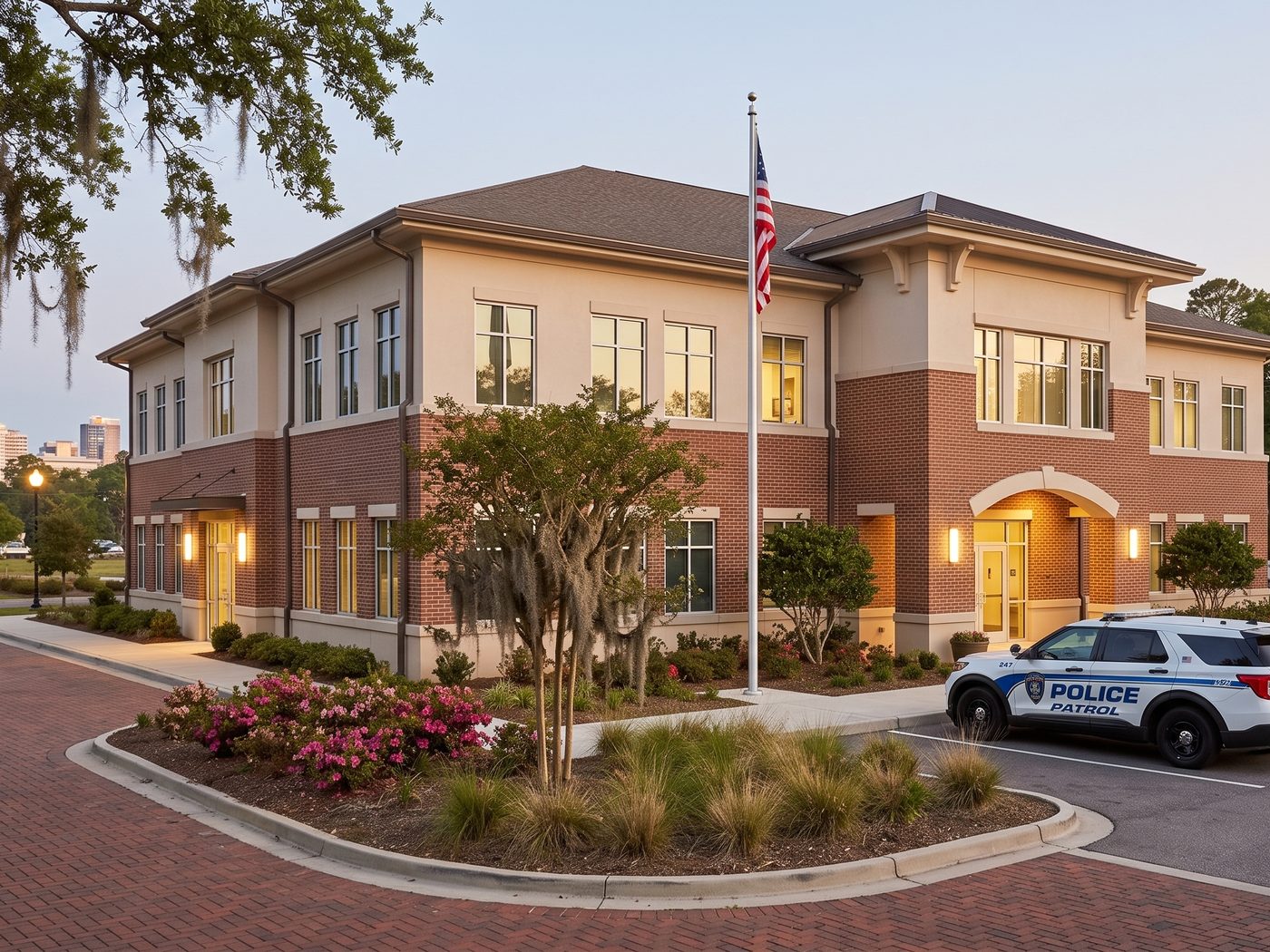 A municipal police building at dusk with an American flag and a patrol vehicle