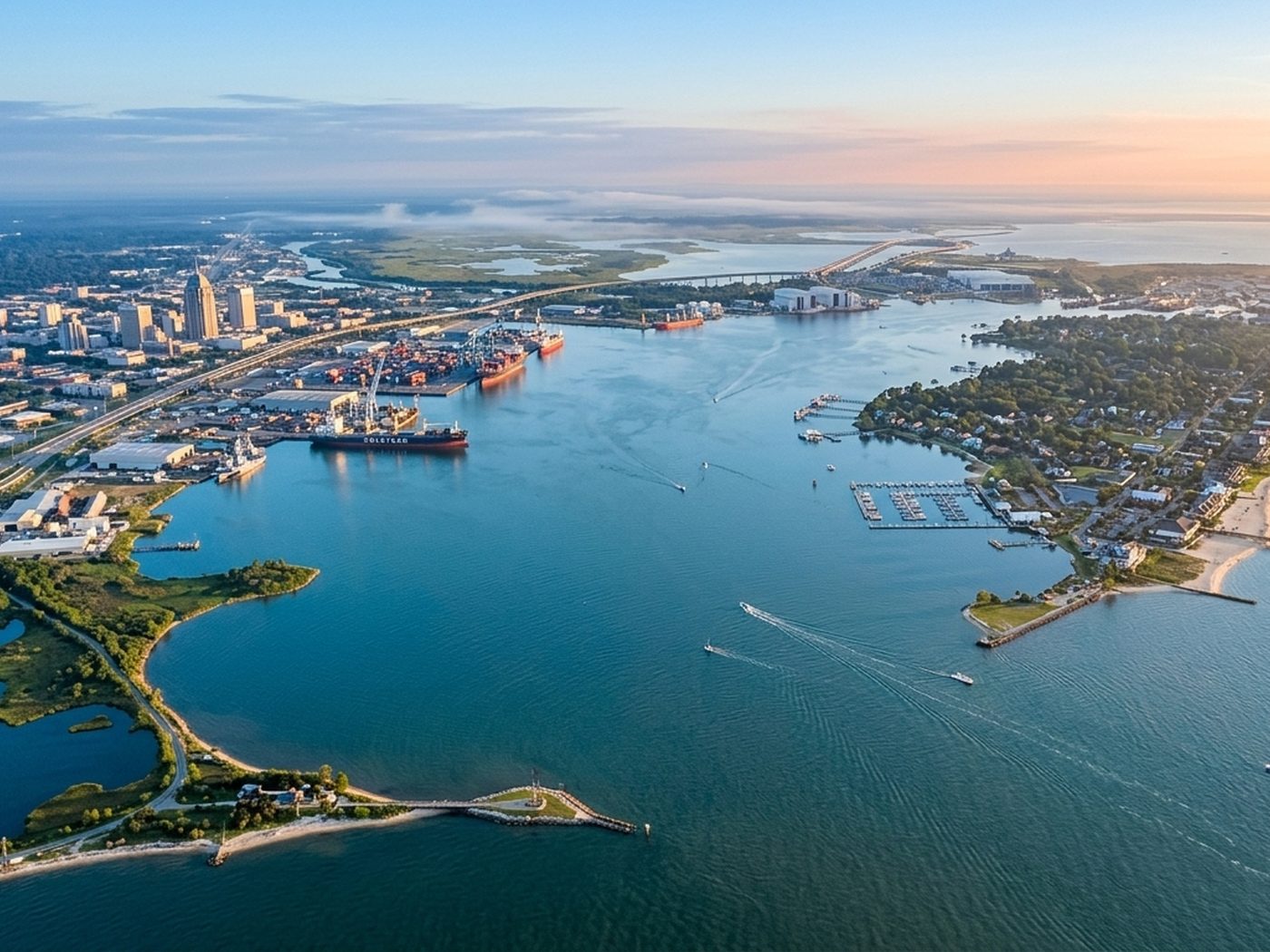 Aerial view of Mobile, Alabama and its bay at golden hour
