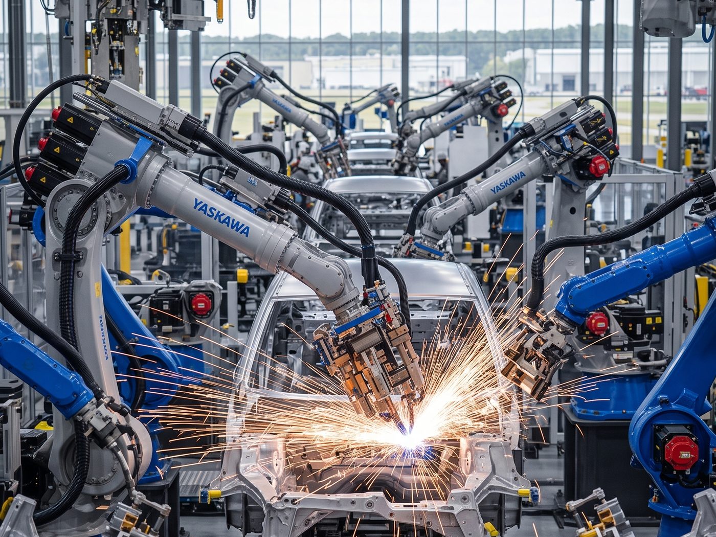 Robotic welding arms assembling a car body on an automotive production line