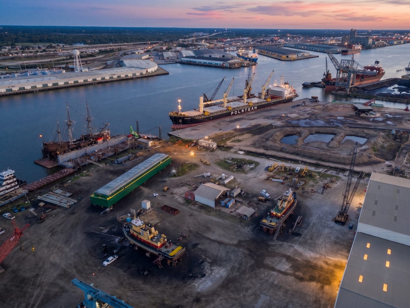 Aerial view of a working port terminal and cargo ship at dusk