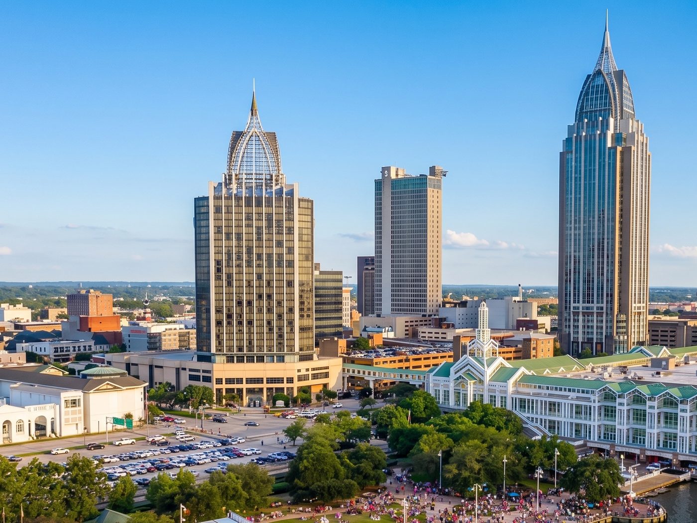 The downtown Mobile, Alabama skyline along the waterfront