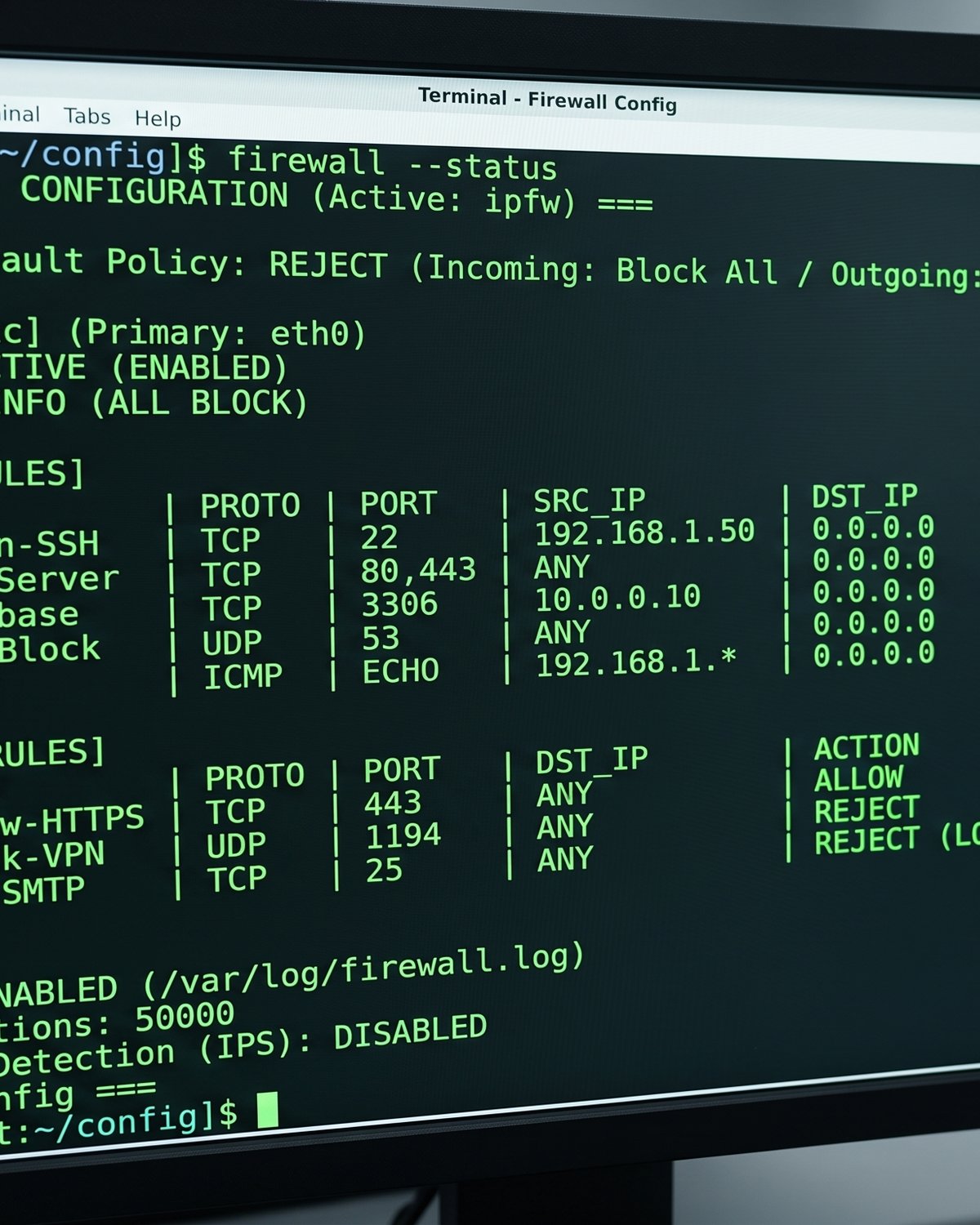 Firewall configuration screen showing active security policies