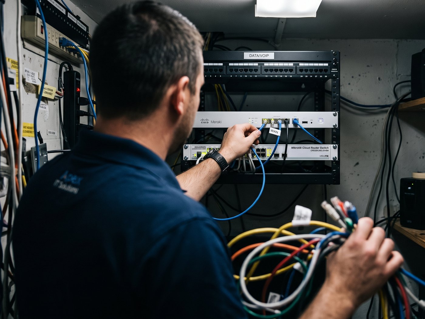 Technician servicing equipment in a network wiring closet