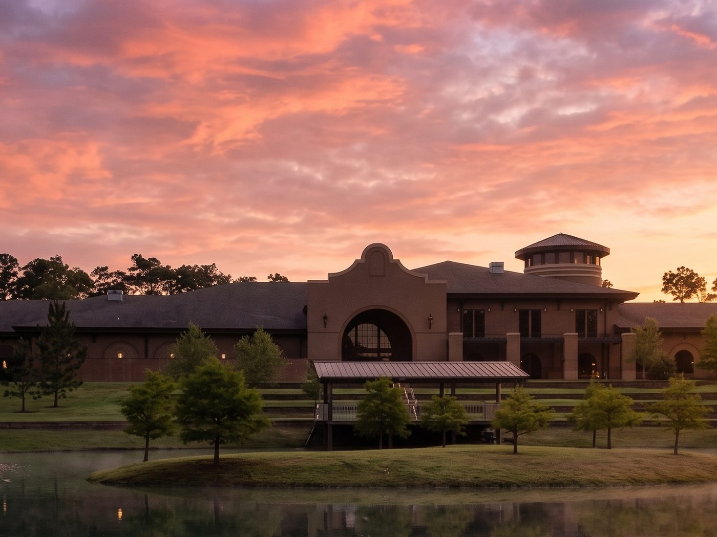 Spanish-mission-style architecture at sunset in Spanish Fort, Alabama