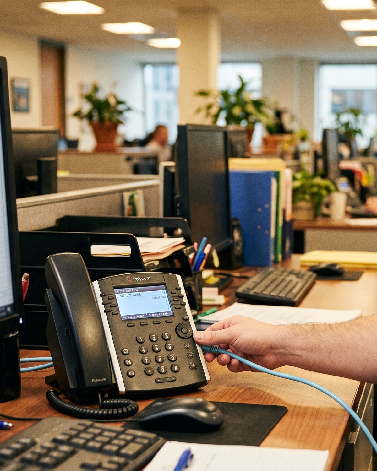 Business VoIP phone cabled at an office workstation