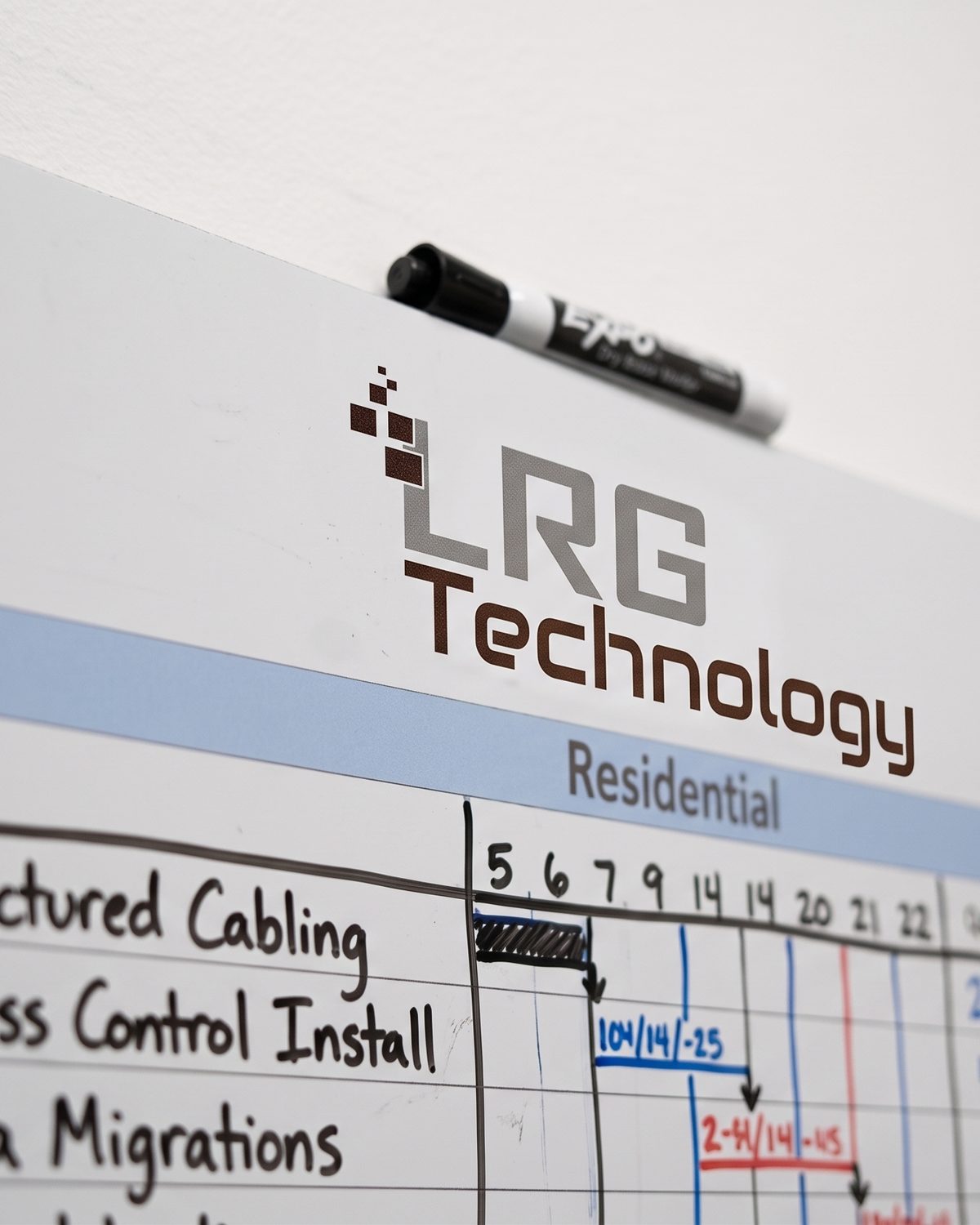 An LRG Technology project whiteboard tracking a job's schedule task by task